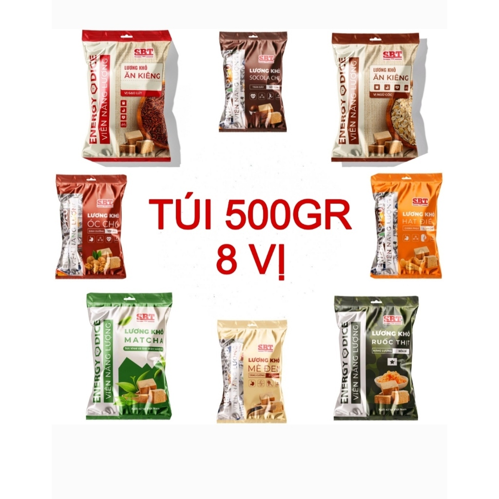 Túi 500 gram lương khô SBT  Energy Dice  ăn kiêng hàng Việt Nam , lương khô ăn vặt thích hợp cho bữa ăn phụ