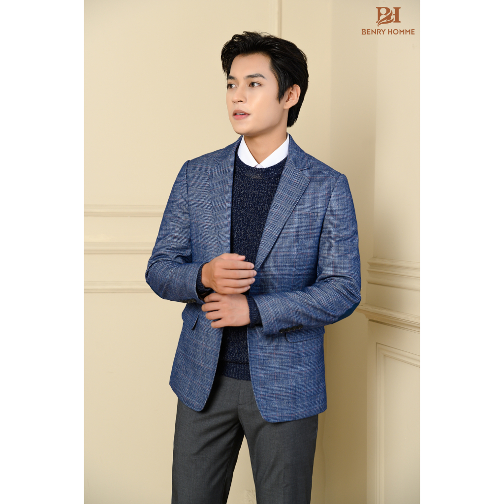 Áo blazer nam Benryhomme sợi lông cừu màu xanh ghi đá, Mã áo JK56151BLU