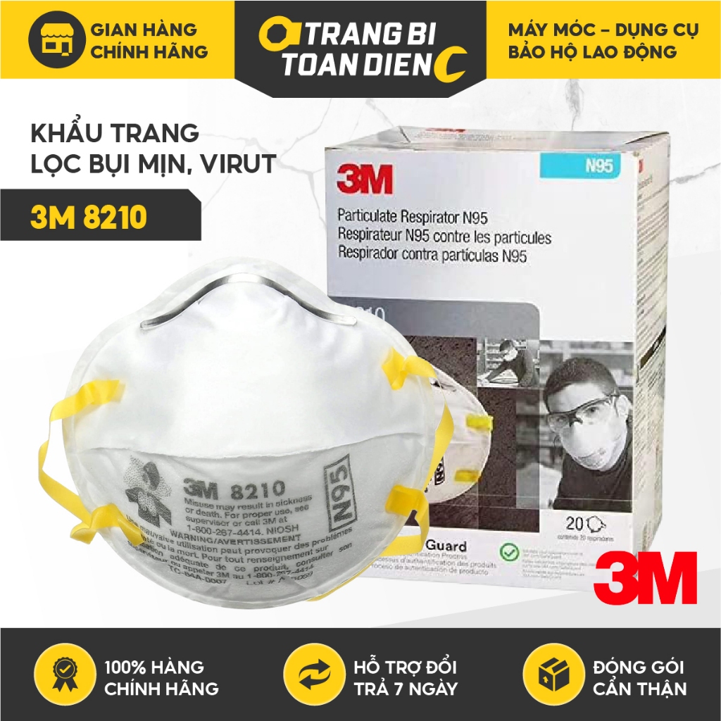 Khẩu trang 3M 8210 có dây qua đầu, kháng khuẩn, lọc bụi mịn 95%, dùng trong y tế Khẩu trang N95