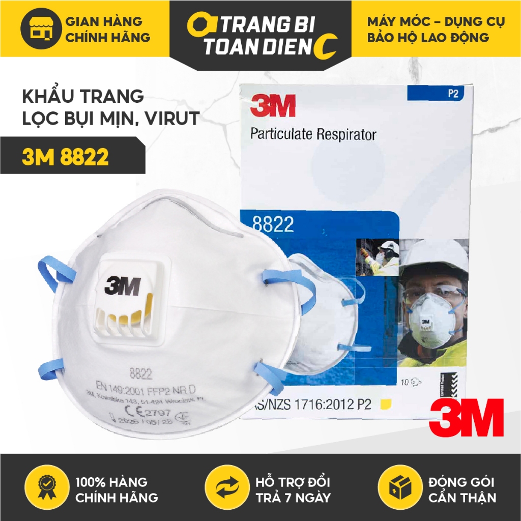 Khẩu trang 3M 8822 có van thở 1 chiều, ngăn bụi 95%, kháng khuẩn, dây đeo qua đầu Khẩu trang 4D