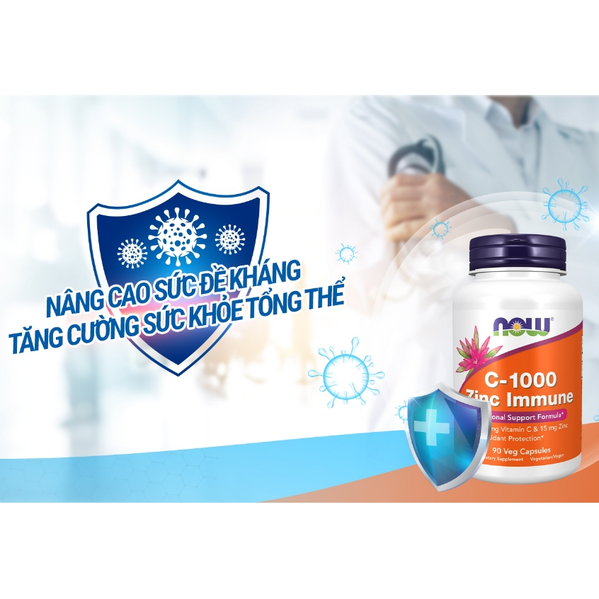 Viên uống kẽm và vitamin C Now C-1000 Zinc Immune (90 viên) hỗ trợ giảm mụn, mờ thâm, tăng đề kháng