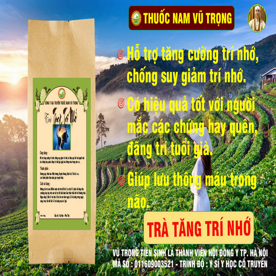Trà Tăng Trí Nhớ thảo mộc Thuốc Nam Vũ Trọng, ngăn ngừa suy giảm trí nhớ, đãng trí người già, hay quên, lưu thông máu lê