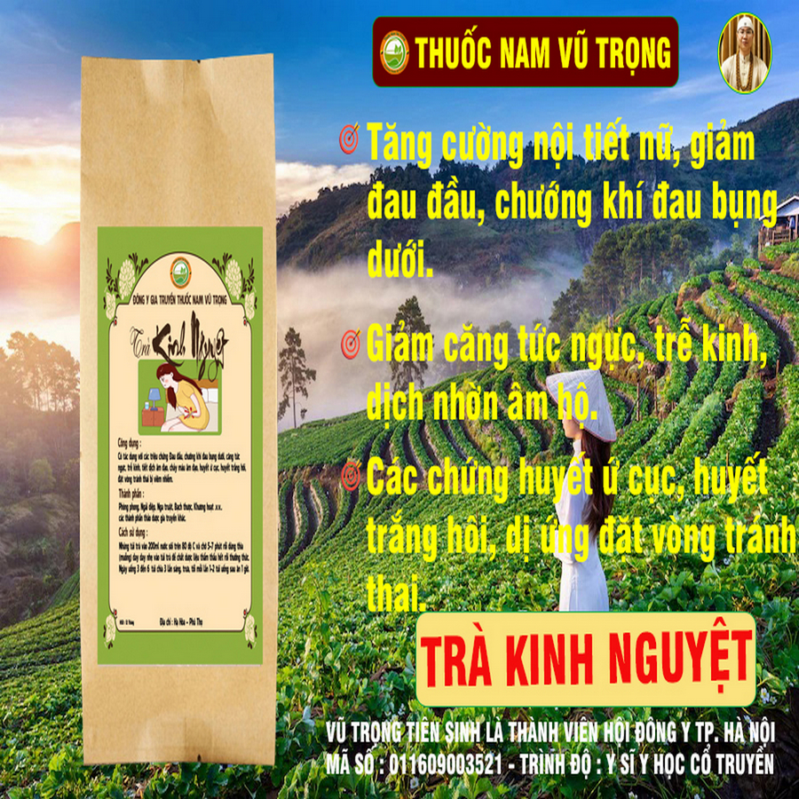 Trà thảo mộc Kinh Nguyệt bách hóa thảo dược Vũ Trọng, giảm chướng khí đau bụng dưới, giảm căng tức ngực, trễ kinh.