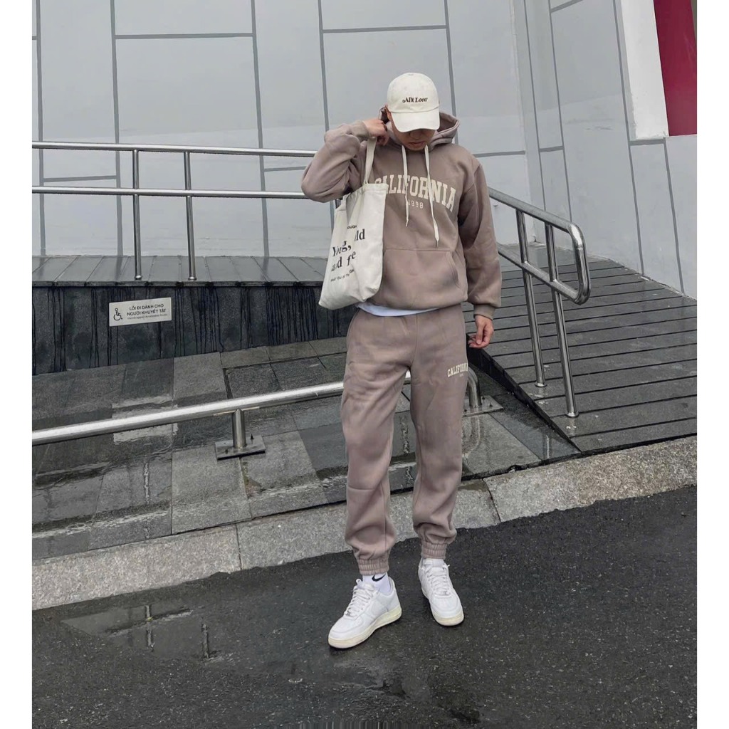 Set Hoodie nỉ bông California form rộng
