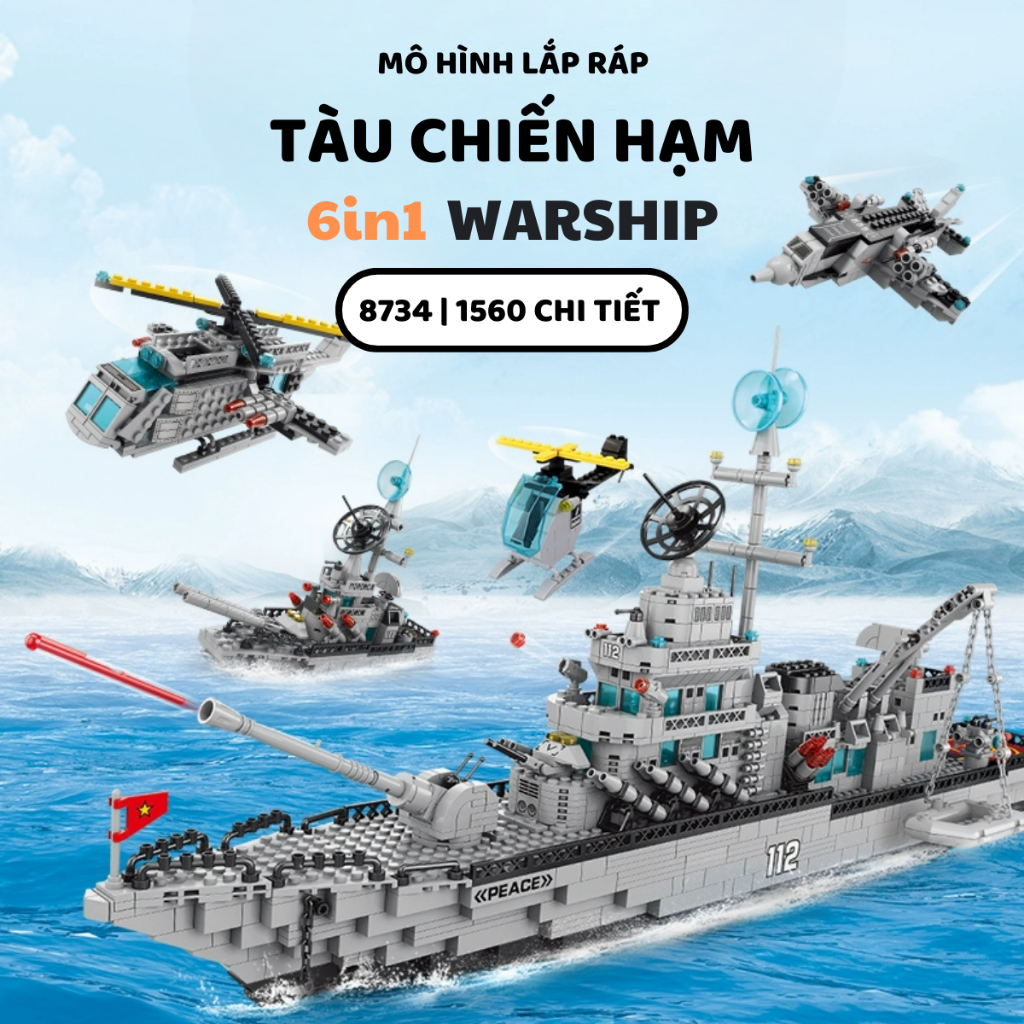 Mô Hình Lắp Ráp Tàu Chiến Hạm 𝟔𝐢𝐧𝟏 WARSHIP 8734 Dài 70cm - 1560 Chi Tiết mảnh trơn
