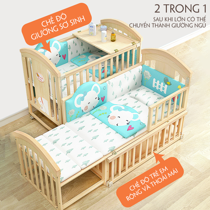 Cũi Gỗ Cho Bé Kéo Dài , Cũi 6in1 Cho Bé Gỗ Thông 6 Chức Năng Kích Thước 120x70x90cm