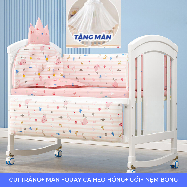 Cũi Trắng Em Bé Tặng Kèm Màn, Nôi Cũi Gỗ 2 Tầng Gỗ Thông KT 105x60x85