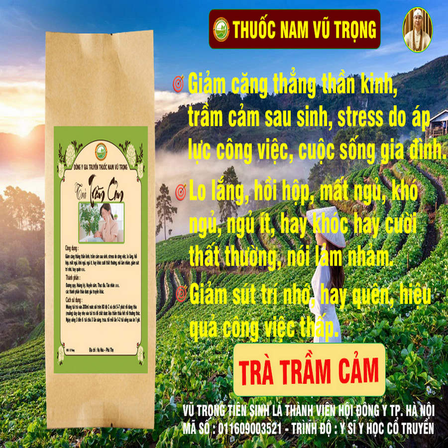 Trà thảo mộc Trầm Cảm thảo dược Vũ Trọng,giảm căng thẳng thần kinh, trầm cảm sau sinh, stress do công việc, mất ngủ, khó