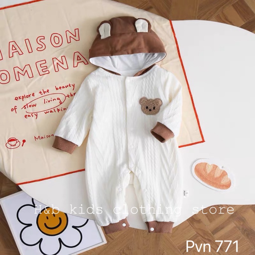 Bộ Body trắng có mũ nâu, chất len vân cho bé sơ sinh từ 4-13kg