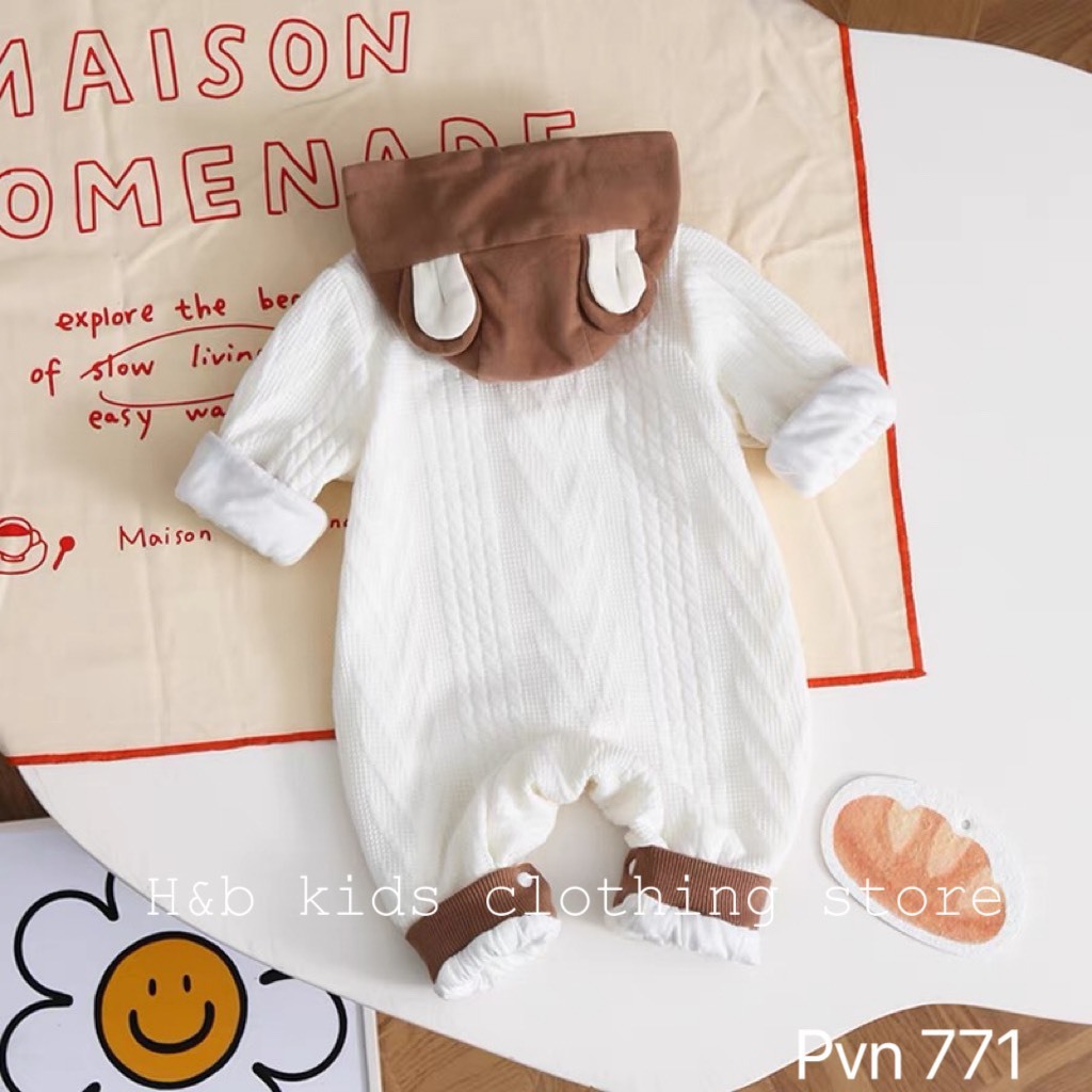 Bộ Body trắng có mũ nâu, chất len vân cho bé sơ sinh từ 4-13kg