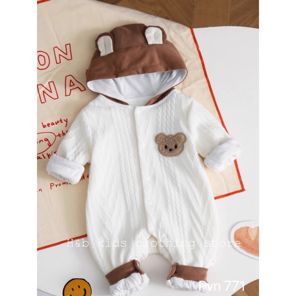 Bộ Body trắng có mũ nâu, chất len vân cho bé sơ sinh từ 4-13kg