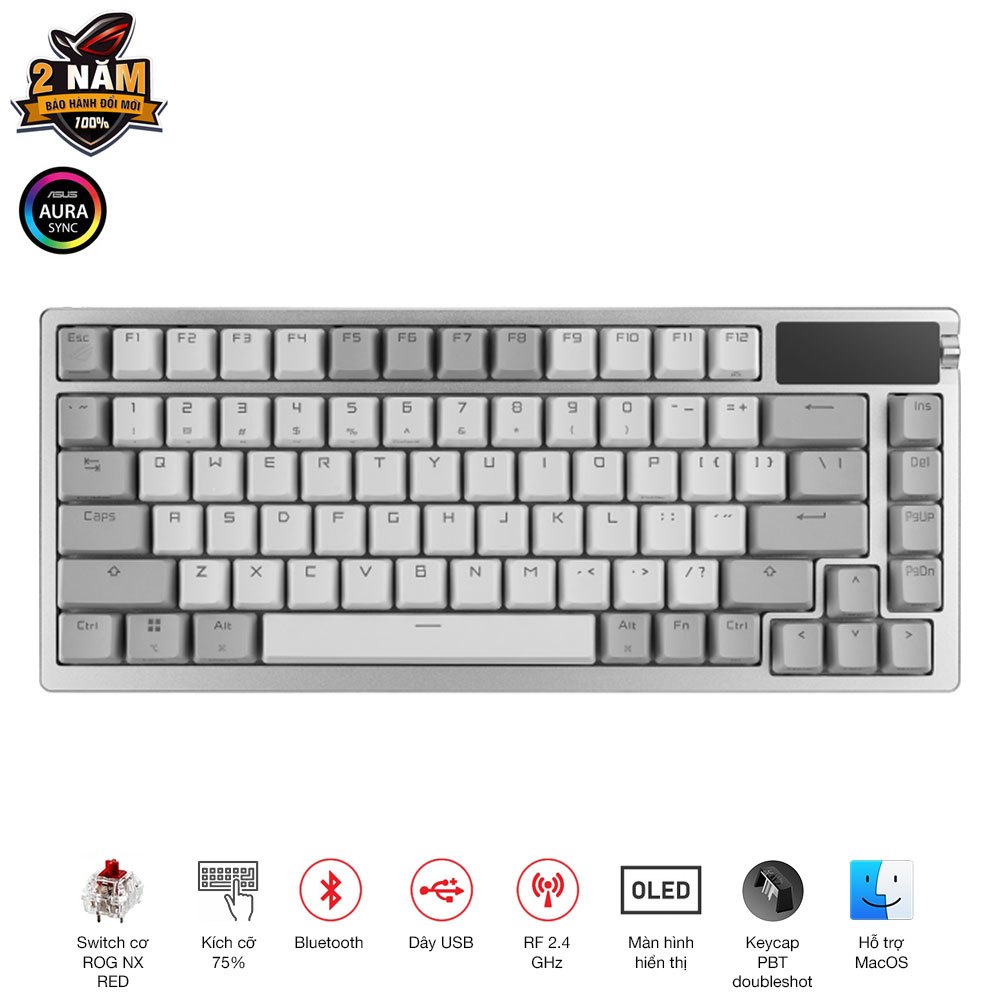 Bàn phím cơ ASUS gaming custom không dây ROG AZOTH màu trắng| kích thước 75%| ROG NX Switch độc quyền RED/BLUE