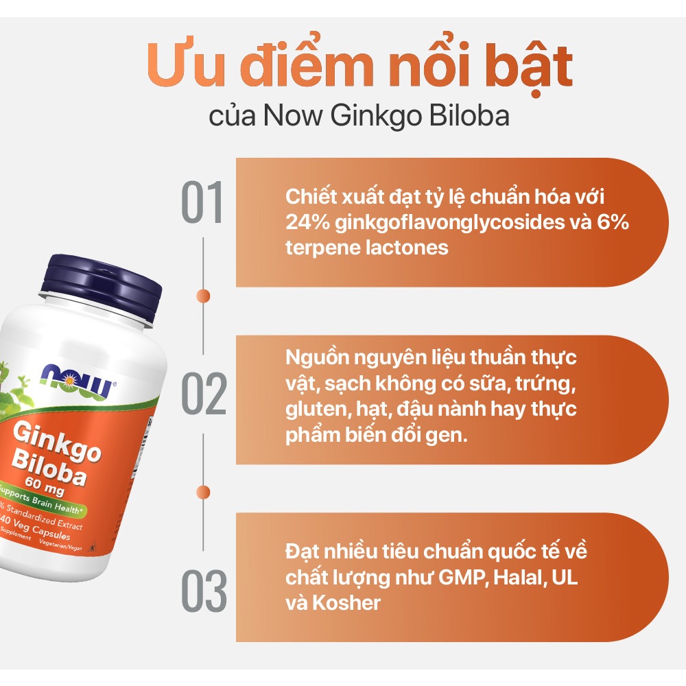 Viên uống bổ não của Mỹ Now Ginkgo Biloba (240 viên) cải thiện trí nhớ, tăng tuần hoàn máu não
