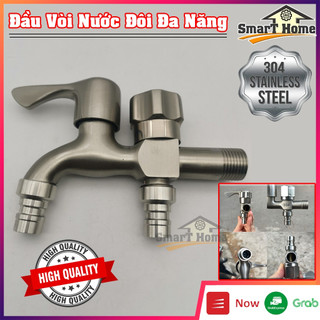 Vòi nước 2 đầu ra inox 304 cao cấp - đầu vòi nước đa năng 2 đầu tiện dụng đầu vào dn15 lắp cho ống d21mm