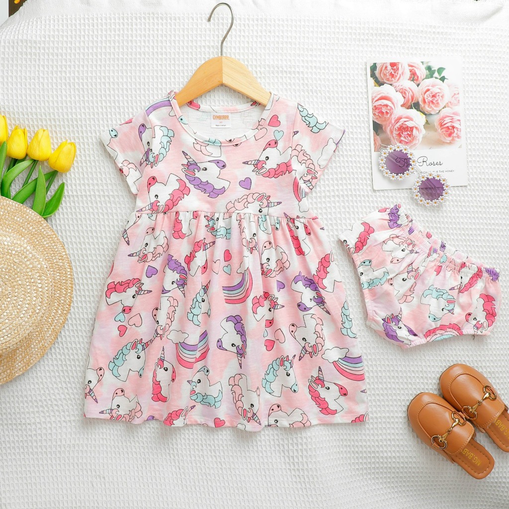 Đầm Kèm Chip, Váy Cho Bé Gái Vải Cotton Nhiều Màu Sắc In Hình Xinh Xắn XNXK