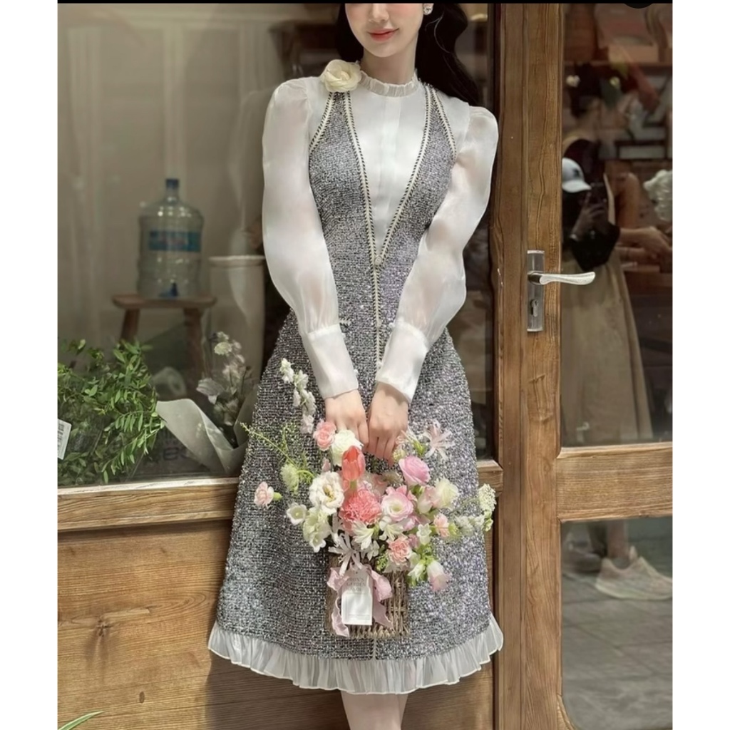 Sét Váy Dạ Mix Áo Sơ Mi Trẻ Trung Thanh Lịch Màu Xám