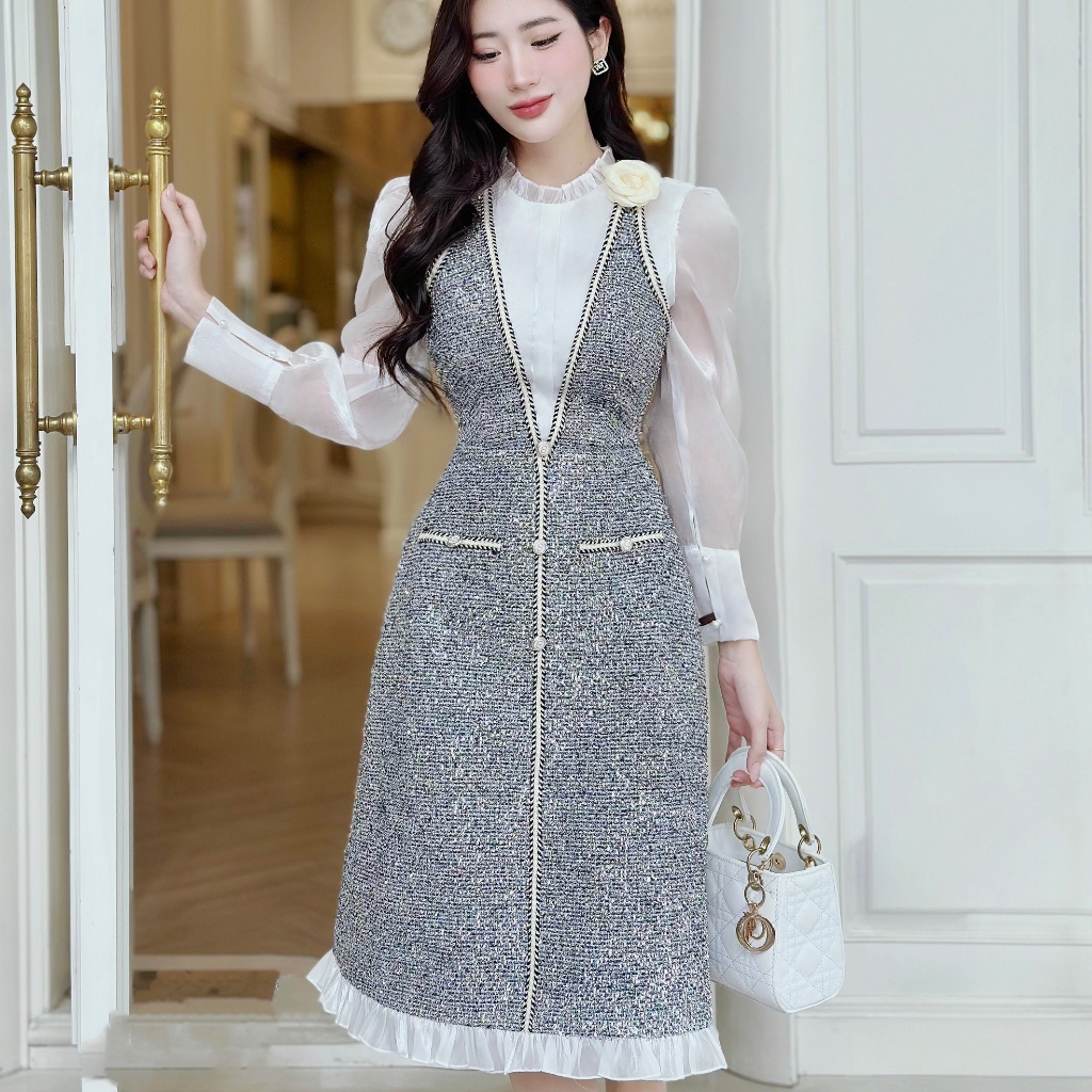 Sét Váy Dạ Mix Áo Sơ Mi Trẻ Trung Thanh Lịch Màu Xám