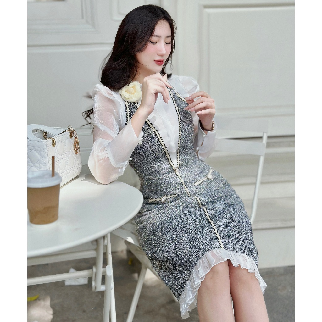 Sét Váy Dạ Mix Áo Sơ Mi Trẻ Trung Thanh Lịch Màu Xám