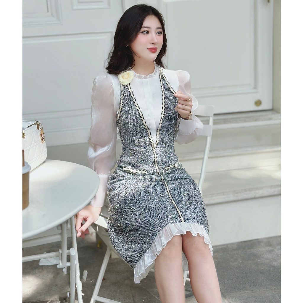 Sét Váy Dạ Mix Áo Sơ Mi Trẻ Trung Thanh Lịch Màu Xám