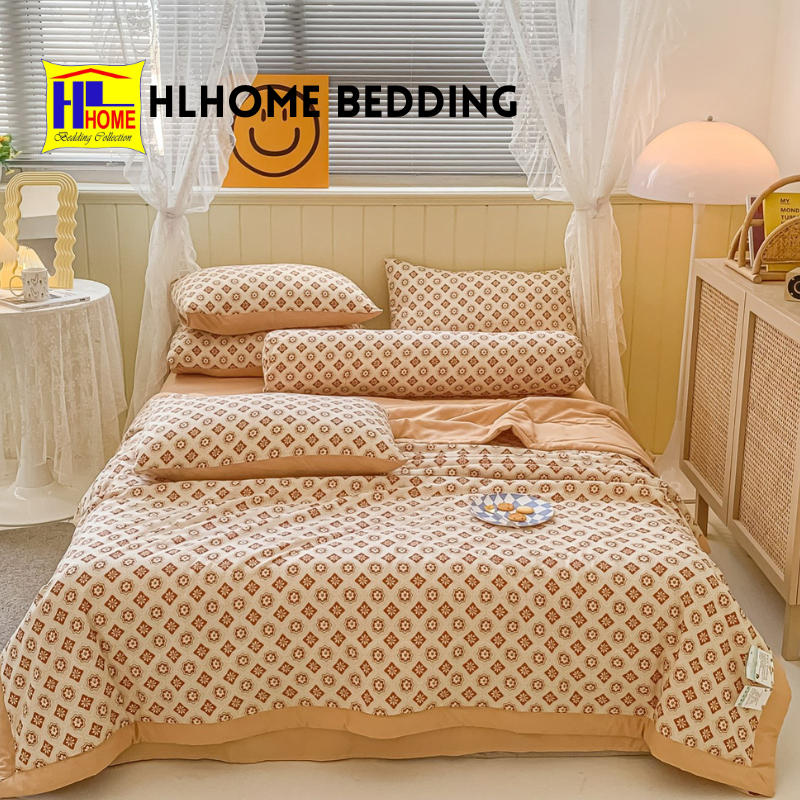 Bộ chăn ga gối cotton đũi chăn hè chần bông 5 món dùng 4 mùa