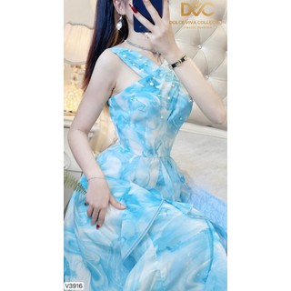Đầm voan nữ dáng dài cổ yếm đính cườm phối bèo xinh xắn