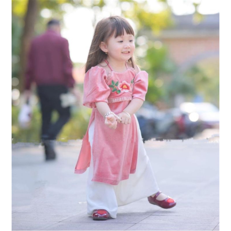 Bộ  áo dài co yem thêu hoa tay bồng tiểu thư xinh xắn bé gái