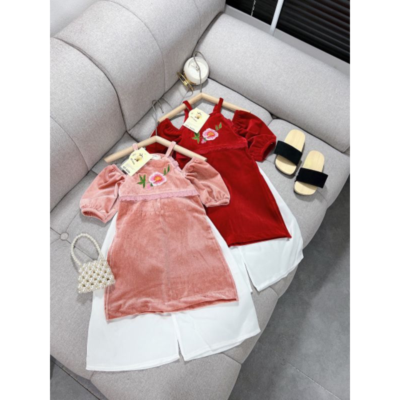 Bộ  áo dài co yem thêu hoa tay bồng tiểu thư xinh xắn bé gái