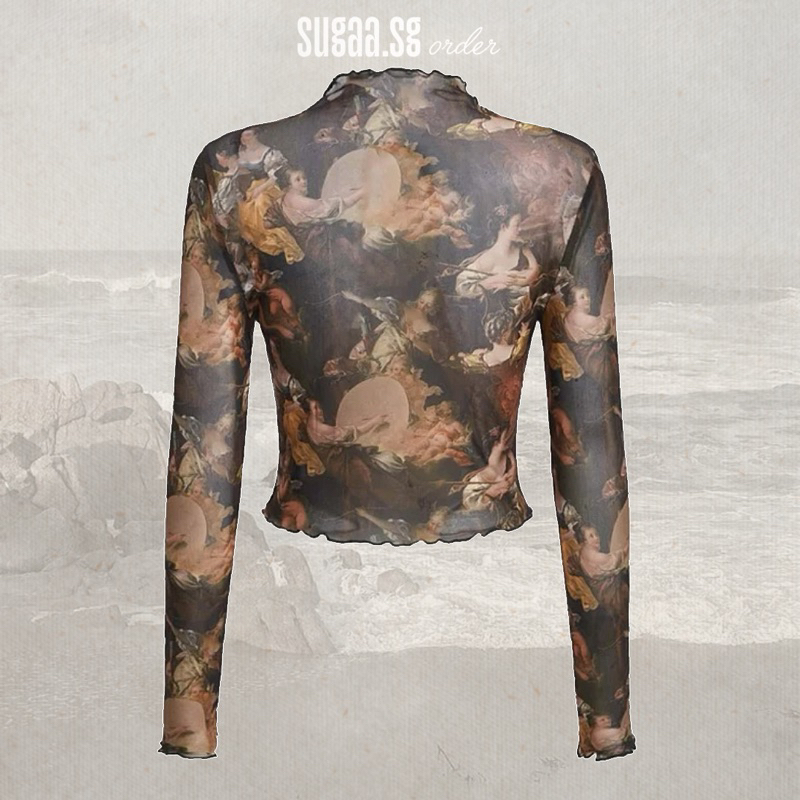 Áo Ôm Dài Tay Hoạ Tiết Phục Hưng Vintage Trong Suốt Nhẹ - Có Plus Size
