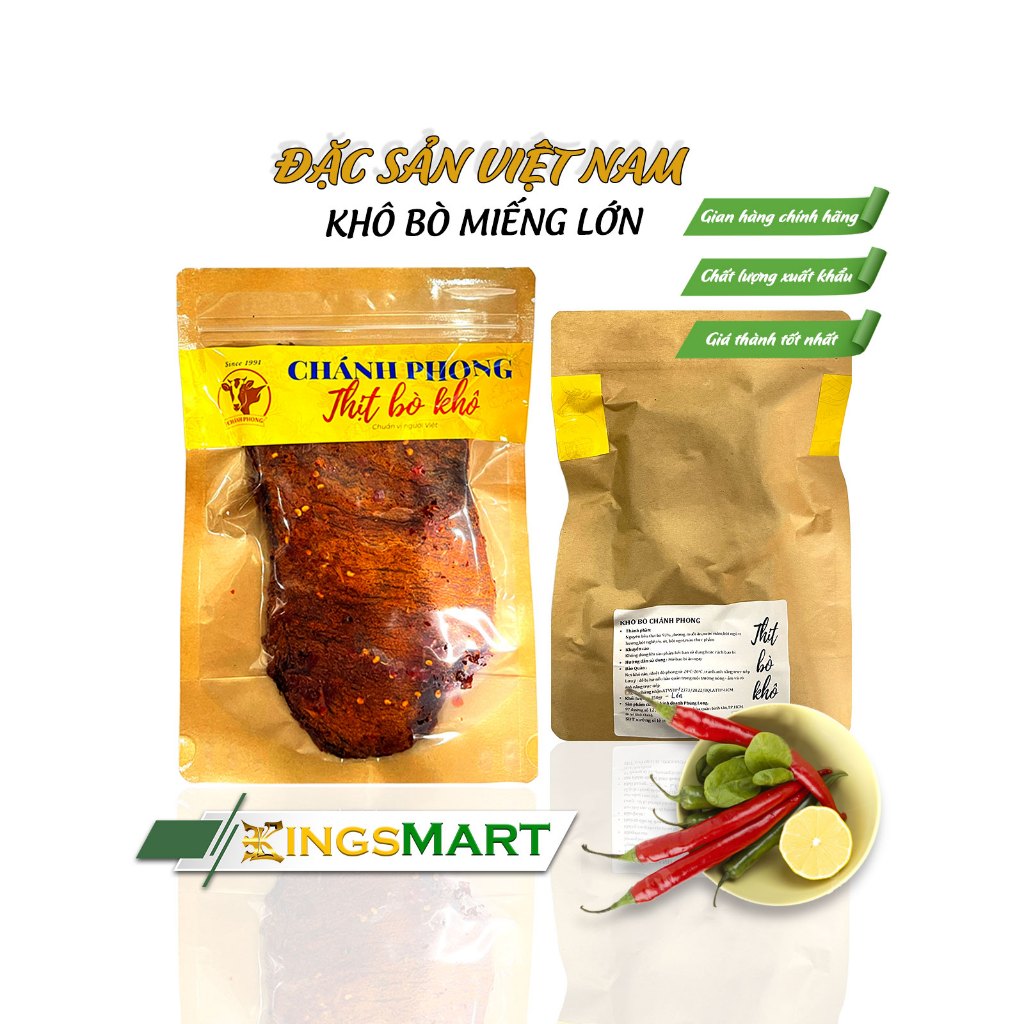 Khô bò miếng lớn cao cấp - Thương hiệu Chánh Phong - Đặc sản Tây Ninh - Túi 250g - Kingsmart