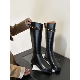 Giày bốt nữ cổ cao tán Đinh boots gối đế bệt da mềm cao cấp Fullbox