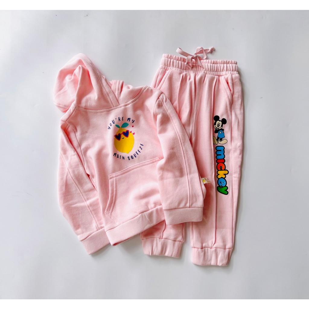 Bộ nỉ da cá dài tay áo chui đầu có mũ mùa thu đông cho bé gái size 2-7 tuổi