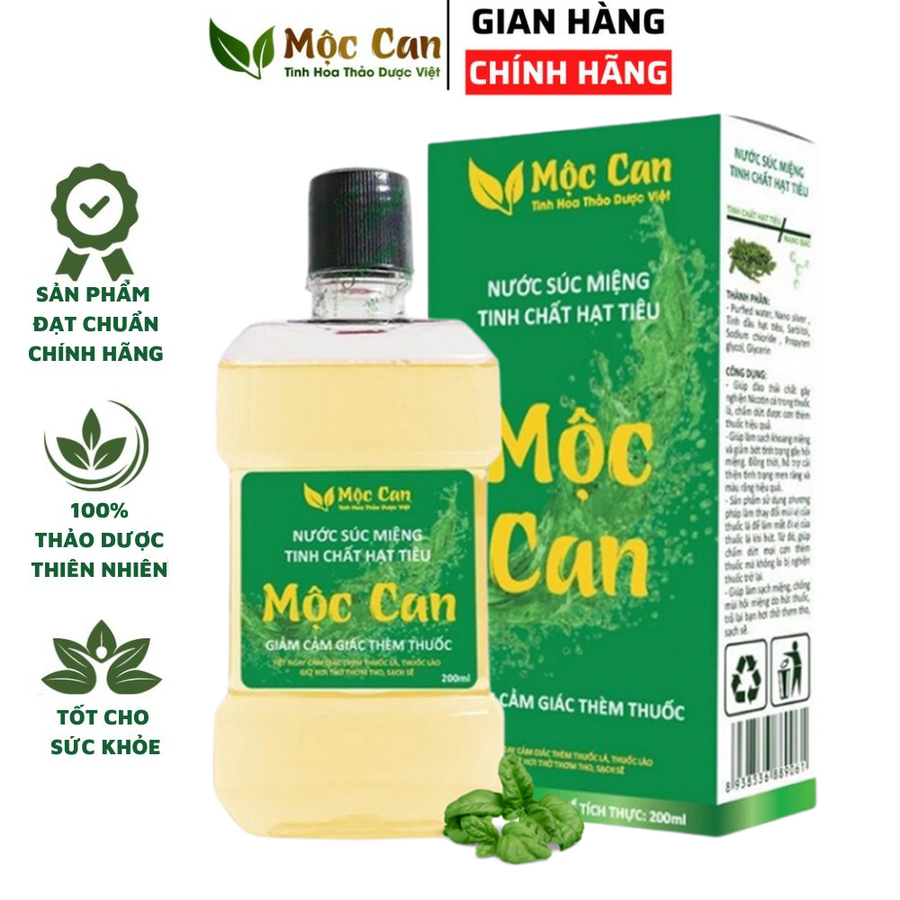 Nước súc miệng Cai thuốc lá Mộc Can hỗ trợ cai thuốc lá, thuốc lào, giúp hơi thở sạch sẽ thơm mát, răng hết ố vàng