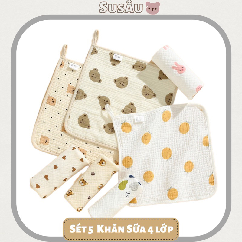 Sét 5 Khăn Mặt, Khăn Sữa Xô Muslin 4 Lớp Viền, Có Móc Treo Kt 25x25