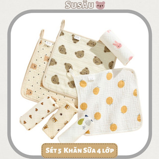 Sét 5 khăn mặt, khăn sữa xô muslin 4 lớp viền, có móc treo kt 25x25