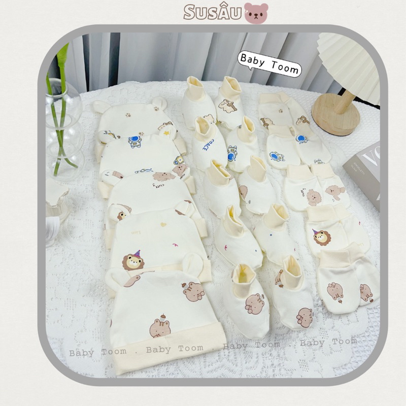 Sét 3 Món Mũ- Bao Tay - Bao Chân Chất Liệu Nỉ Qc Cao Cấp Cho Bé Sơ Sinh