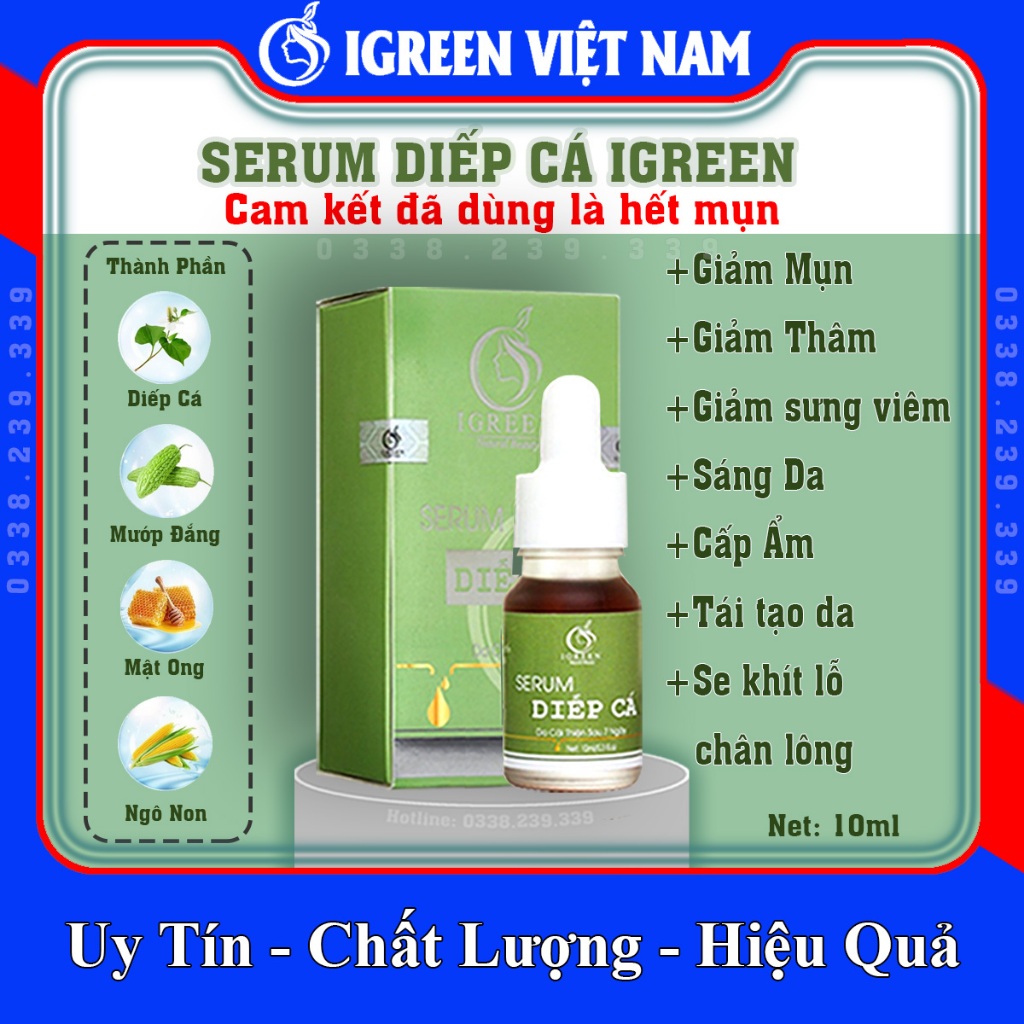 Serum diếp cá igreen, giảm mụn ẩn, mụn thâm, trứng cá, mụn bọc, mụn mủ, giúp se khít lỗ chân lông, dành da dầu, mẹ bầu