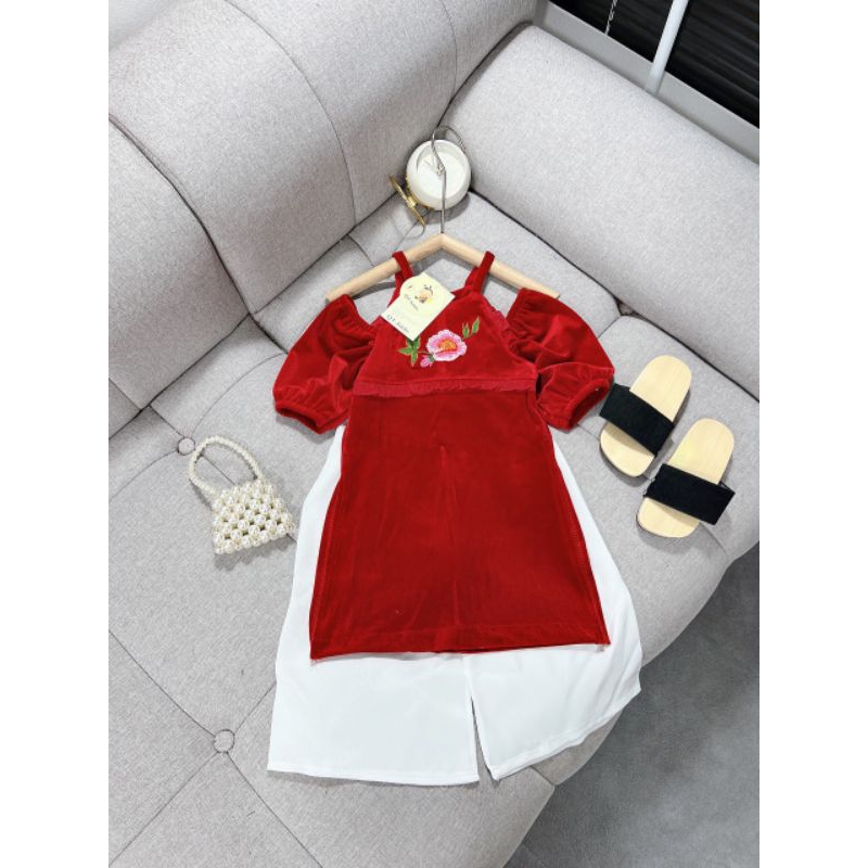 Bộ  áo dài co yem thêu hoa tay bồng tiểu thư xinh xắn bé gái