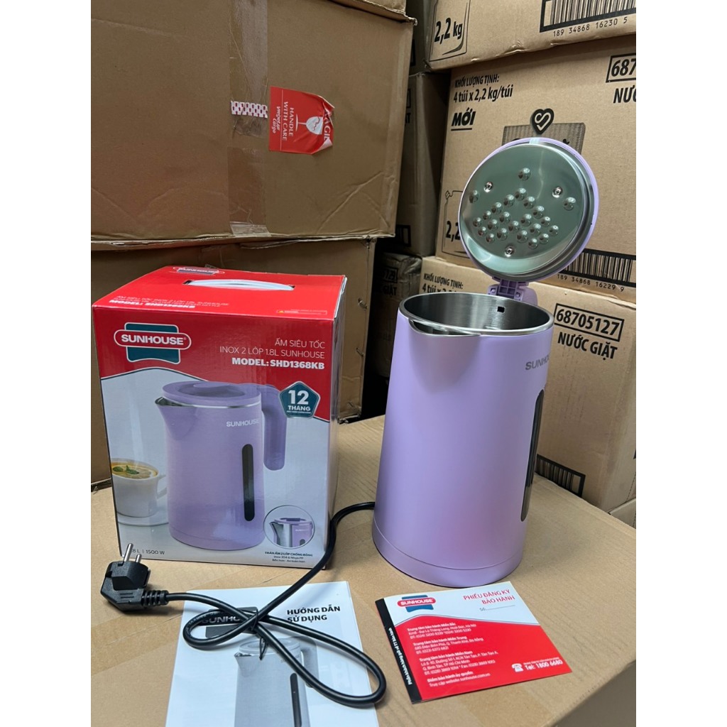 Ấm đun siêu tốc inox 2 lớp Sunhouse 1.8 lít SHD1368KB