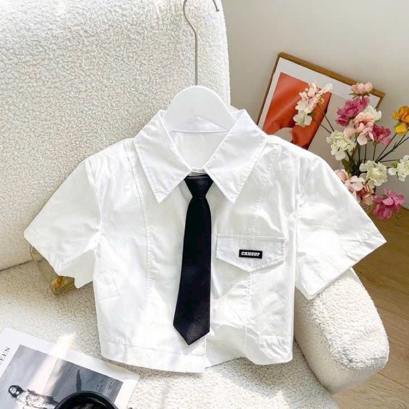 Áo Sơ Mi Croptop Thêu Kèm Cà Vạt