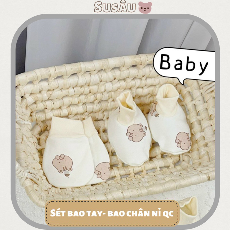 Sét 2 Món Bao Tay Bao Chân Nỉ Hàn Qc Cao Cấp Cho Bé Sơ Sinh