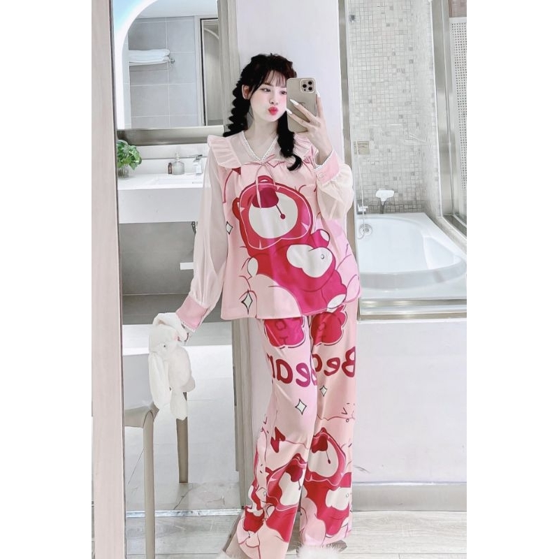 Bộ ngủ tiểu thư tay dài phối ren siêu dễ thương , ngọt ngào quyến rũ siêu xinh