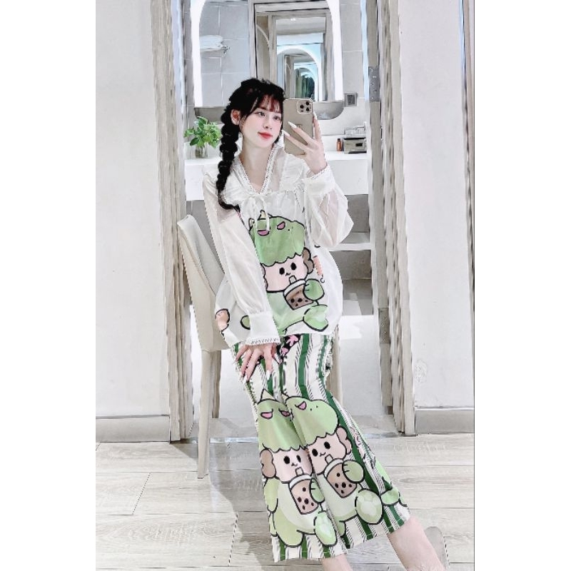 Bộ ngủ tiểu thư tay dài phối ren siêu dễ thương , ngọt ngào quyến rũ siêu xinh