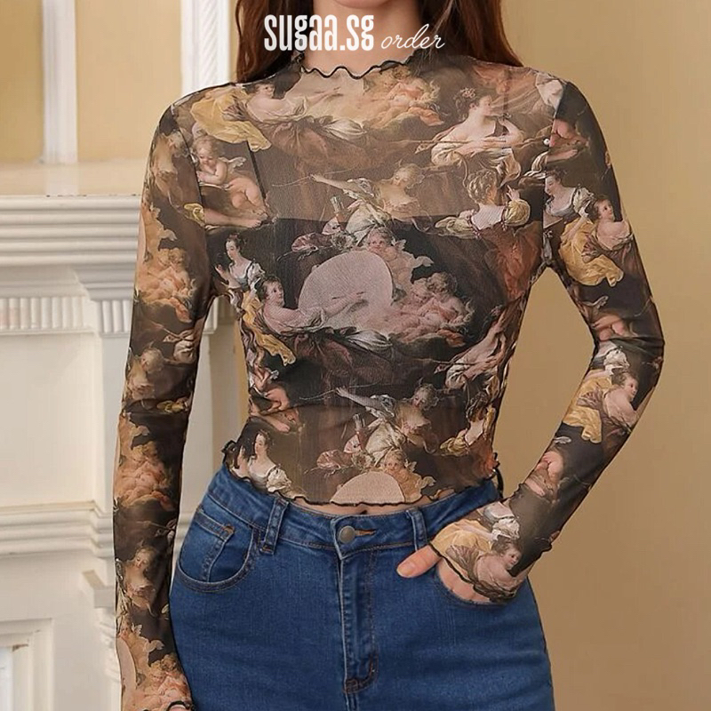 Áo Ôm Dài Tay Hoạ Tiết Phục Hưng Vintage Trong Suốt Nhẹ - Có Plus Size