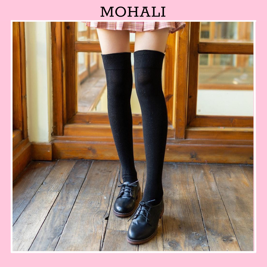 Tất cổ cao trơn dài size đùi đen trắng cotton thời trang hàn quốc giá rẻ dành cho nữ MRSOCKS VC067