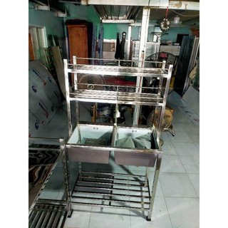  chậu đúc  inox  2 hộc kích thước 45x82cm  +kệ 2 tầng vòi xoay 2 chế độ 