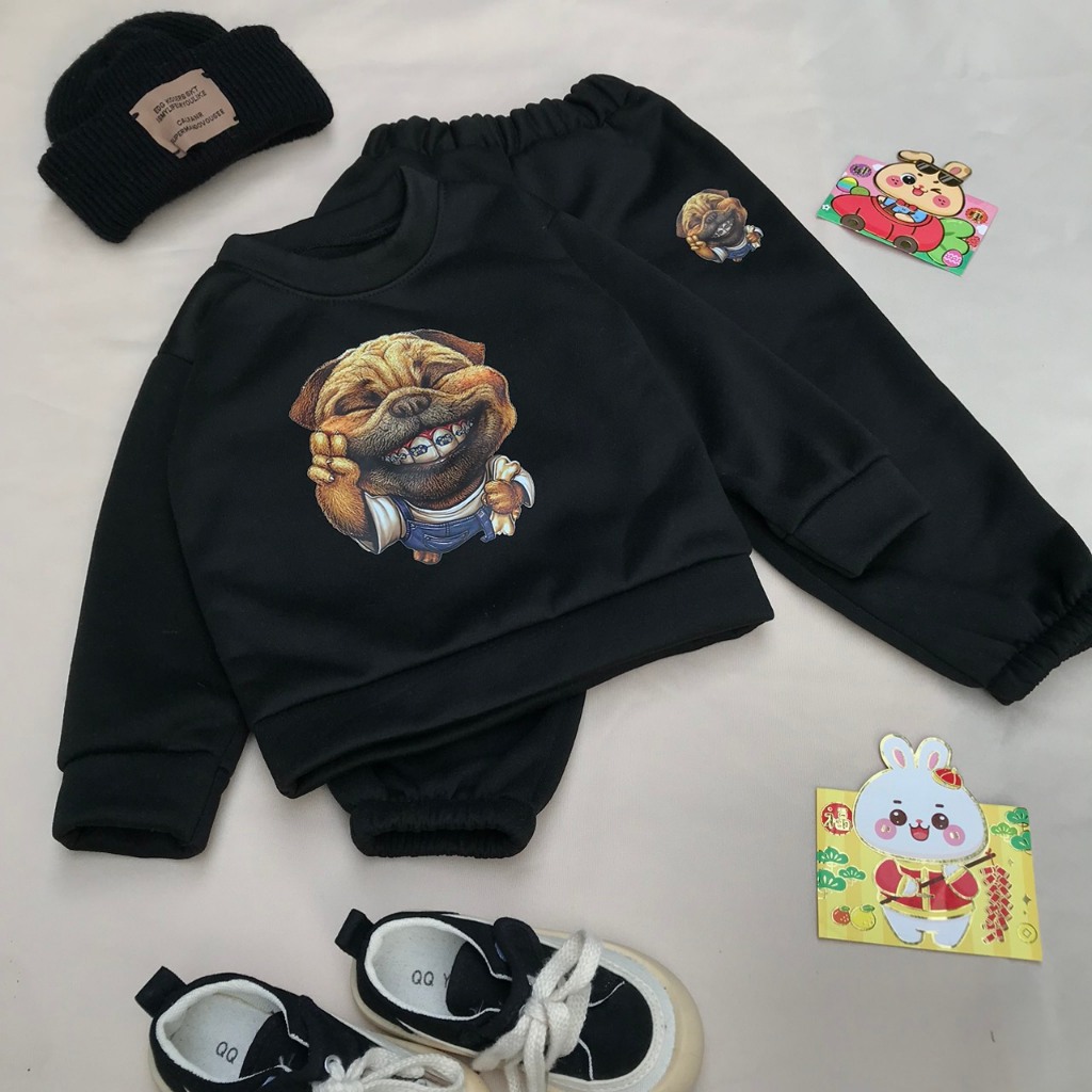 Bộ quần áo nỉ bông dày dặn in hình chó cực xinh cho bé trai bé gái từ 10 đến 29 kg