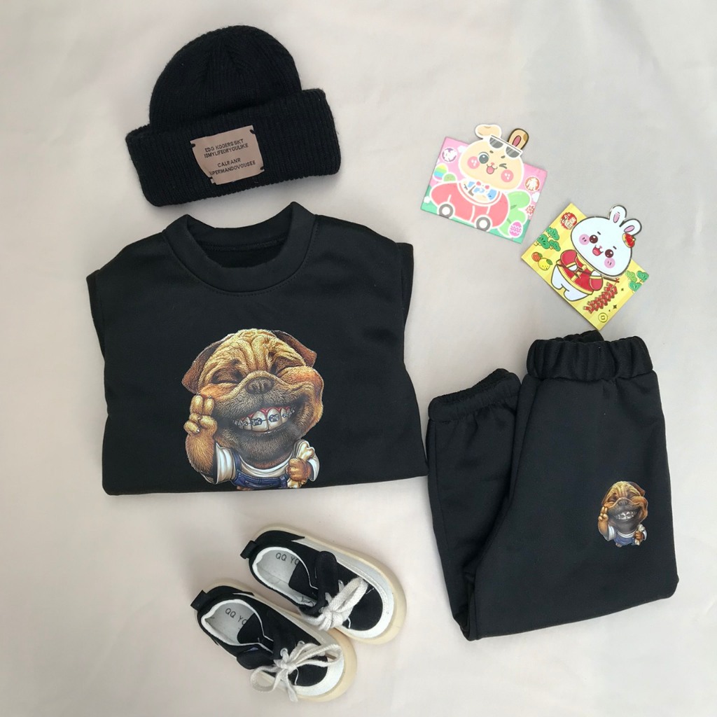 Bộ quần áo nỉ bông dày dặn in hình chó cực xinh cho bé trai bé gái từ 10 đến 29 kg