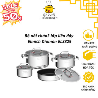 Bộ nồi chảo sang trọng 3 lớp liền đáy elmich diamond size 16cm, 20cm, 24cm, 26cm el3329