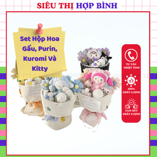 Set hộp hoa gấu, purin, kuromi và kitty làm qùa tặng cao cấp