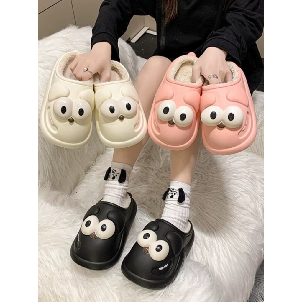 Dép lót bông đi trong nhà, dép lông hình mắt to siêu mềm siêu ấm chân - TinTinStore